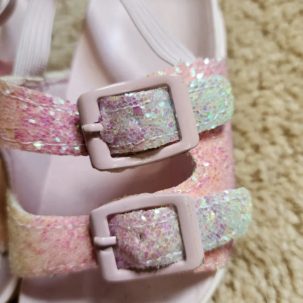 First Steps Toddle Girls' Sandals Slip On Double Buckle Slide Pink Glitter Sz: 5
